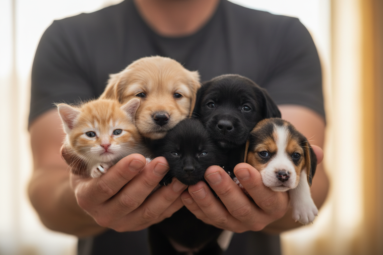 first of all I asked for cat and dog puppies not just dog and can you make hide the face of the man I Just want hands