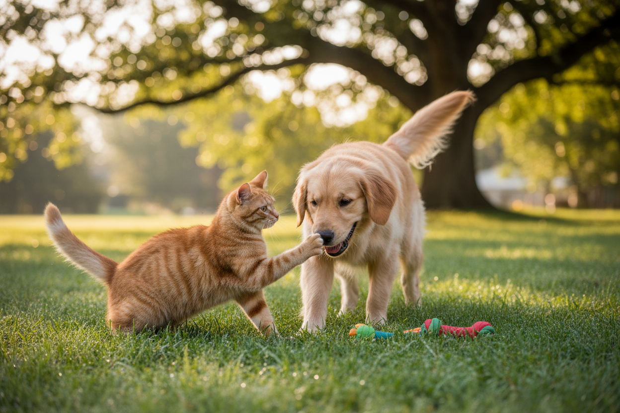 I want a realistic image of a cat and dog playing together